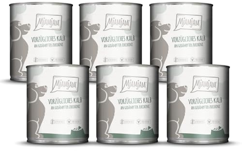 MjAMjAM - Premium Nassfutter für Hunde - vorzügliches Kalb an gedämpfter Zucchini, 6er Pack (6 x 800 g), getreidefrei mit extra viel Fleisch