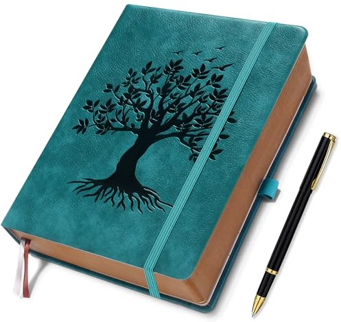 ZXHQ Tagebuch für Erwachsene(14.5 x 21 cm) Liniert Notizbuch– PU Leder Hardcover im Lebensbaum Design, 360 Seiten, mit Stift, Das Perfekte Geschenk für Familie und Freunde - Seegrün