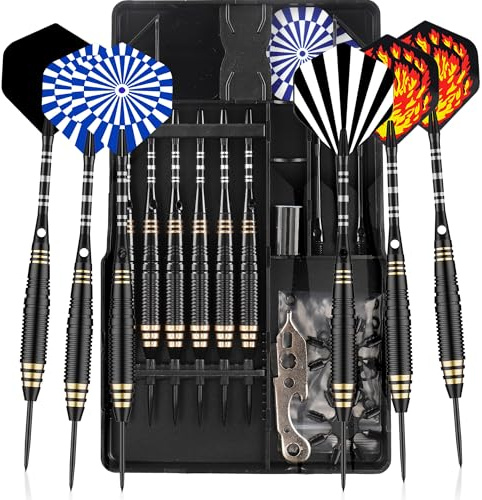 CareGames Dartpfeile mit Metallspitze,6 Stück 24 Gramm Profi Steeldarts 9 Aluminium Schaft mit 12 Flights, 20 Orings, 2 Flight Protektoren,Sharpener und Werkzeug Geschenketui