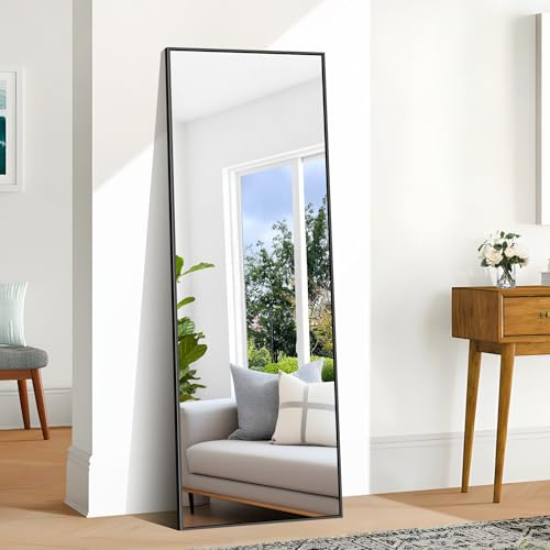 BONEWEI Ganzkörperspiegel 161 x 52 cm, Rechteckiger Standspiegel mit Schwarzem Aluminiumrahmen, Groß Wandspiegel Bodenspiegel für Schlafzimmer, Eingangsbereich, Flur, Heimdekorationn