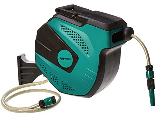 Amazon Basics Schlauchtrommel zur Wandmontage, mit Schlauch, automatische Aufrollung, 15 m, Marinegrün, Schwarz