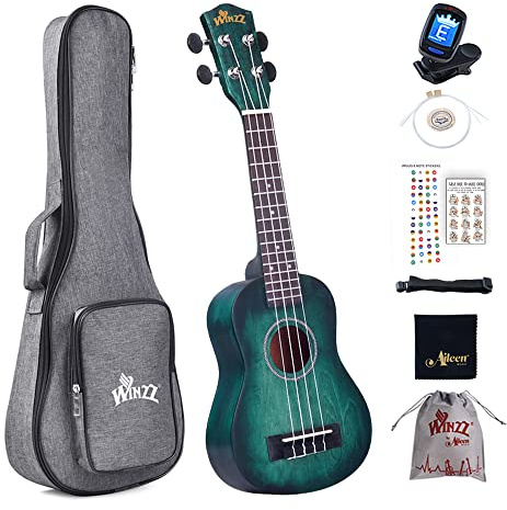 Winzz 21" Sopran Ukulele Anfänger Set Kinderm Erwachsene, Einzigartiges Farbdesign, mit Tasche, Stimmgerät, Zusätzlichen Saiten, Gurt, Noten-Aufkleber, Poliertuch-Dunkles Cyan