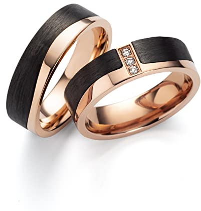 Schmuck Depot Eheringe & Partnerringe aus Titan und Carbon Roségold mit 3 Diamanten 0,045 ct W/SI | Paar Trauringe 6 mm in Größe 50 bis 72 mit Gravur & Etui | 3852