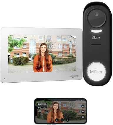GOLIATH® Funkklingel mit Kamera & Gegensprechanlage [MIT SMARTPHONE-APP] - Türklingel mit Full HD Kamera & Monitor Weiß - Video Sprech - & Klingelanlage mit Türöffner - Videotürklingel ohne Kabel
