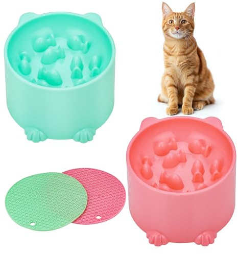 Hejo Erhöhte Futternäpfe für langsames Fressen mit rutschfester Matte, erhöhter Futternapf für Nackenstütze, ergonomische Kunststoff-Futternäpfe in Rosa und Grün, 2 Stück
