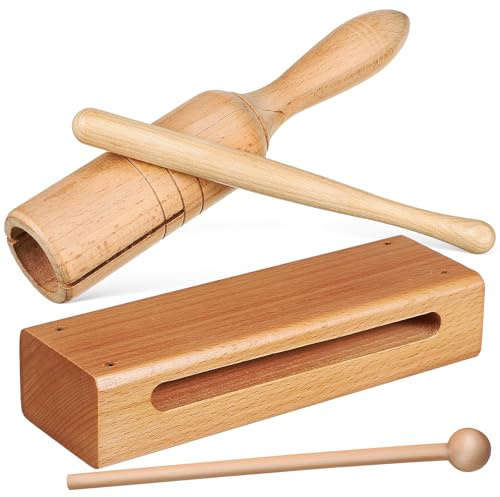 Vaguelly 2 SäTze Holzblock Percussion Set mit Handklapper Und Schlägeln | FüR Schule Musikunterricht Familienfeiern Und GruppenaktivitäTen FöRdert Koordination Und RhythmusgefüHl