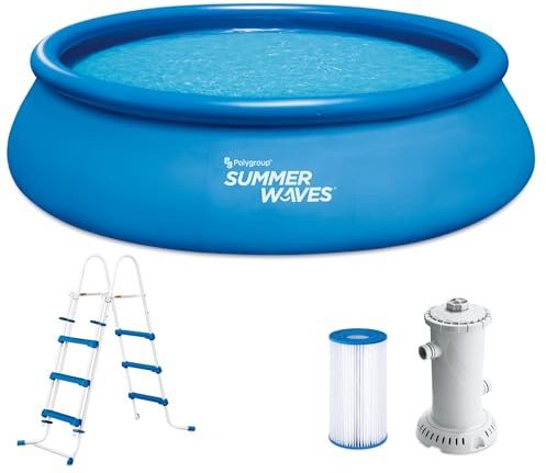 Summer Waves Quick Up Pool Komplettset | Rund 457x107 cm Blau | Aufstellpool Set | Gartenpool & Schwimmbecken inkl. Filterpumpe, Bodenvlies, Abdeckplane & Einstiegsleiter (457x457x107 cm)