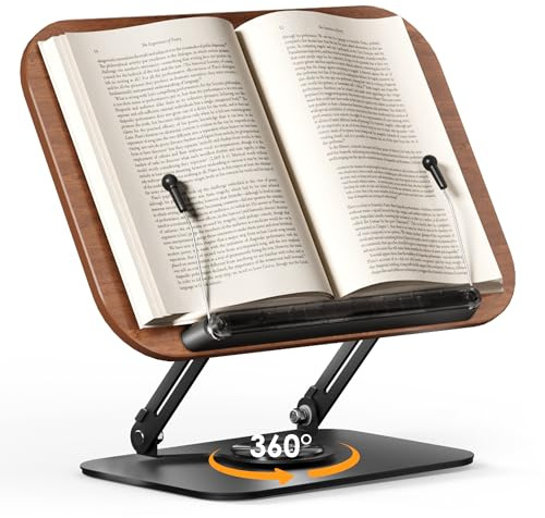 SupeDesk Buchständer zum Lesen,verstellbarer Holz-Buchhalter Leseständer,360° drehbar,faltbar,Kochbuchhalter mit Seitenclip,Präsentationsständer für Rezept,Zeitschrift,Tablet,Laptop,eleganter Retro
