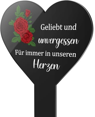 Photect Herz Grabstecker Schwarz Acryl Grabschmuck mit Gravur Geliebt und Unvergessen Träumen Gedenktafel Grabstein Grabdeko Wetterfest Gartenstecker für Grab(Bunte Rosen)