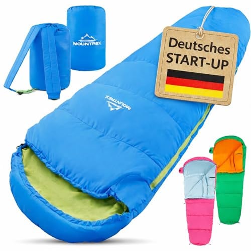 MOUNTREX Kinderschlafsack 5°C / 15°C – 100 % Baumwolle Innenfutter – Schlafsack für Kinder 175×70 cm – Leicht & Kleines Packmaß, Tragbar wie EIN Rucksack – Ideal für Camping & Kindergarten