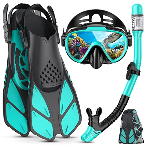 Lealinga Schnorchelset Erwachsene mit Verstellbare Taucherflossen Anti-Leck & Anti-Fog Taucherbrille und Dry Schnorchel, 3 in 1 Professionell Schnorcheln Set für Schnorcheln und Schwimmen