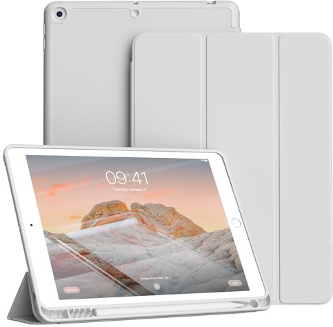 KVTVOU Hülle für iPad 9. / 8. / 7. Generation 10,2 Zoll 2021/2020/2019 mit Stifthalter, Weiche TPU Rückseite, Ultradünn Stoßfeste Hülle für Studium/Arbeit, Auto Wachen/Schlafen, Grau