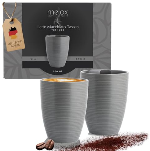 MELOX 2er Set Latte Macchiato Tassen aus Porzellan Grau á 300ml ohne Griff | Kaffeetassen extra dickwandig - Lattetassen auch geeignet für Kaffee & Cappuccino - Macchiatotassen Cup ohne Henkel