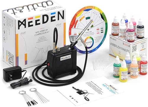 MEEDEN Mini Airbrush Set mit 1.8m Luftschlauch: Air Brush Kit Auto Stop mit Dual-Action Air Brush Pistole 12 x 30ml Acryl Farbset Reinigungbürste für Modelllackierung Tattoo Graffiti - Schwarz