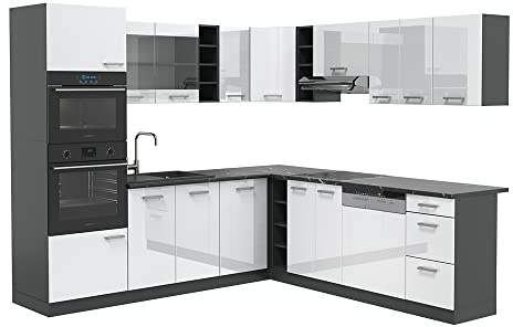 Vicco Eckküche R-Line, Weiß Hochglanz/Anthrazit, 247 x 237 cm | 14 Module · Höhenverstellbare Füße · Ohne Arbeitsplatte · Robuste Fronten · Mit Backofen-/Mikrowellenschrank
