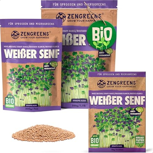 ZenGreens® - Bio Weißer Senf Samen - Wähle zwischen 10g, 200g und 500g - Weiße Senfsaat mit Keimrate von über 97% - Gelbsenf Sprossen- Weißer Senf Sprossen ziehen - wiederverschließbare Verpackung