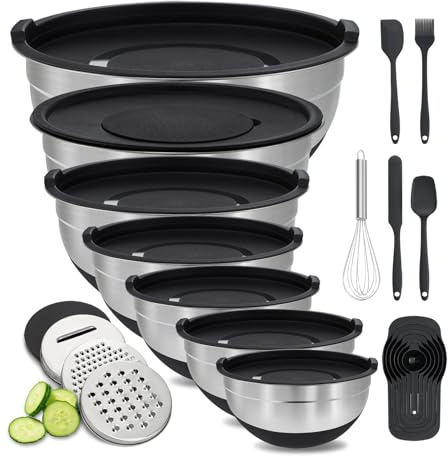 BEWOS Rührschüssel mit Deckel 7-teilig, Edelstahl Rührschüsseln mit Reibe, Nesting Design & Anti-Rutsch-Boden Rührschüssel, Größen 4.5, 4, 3.5, 2.1, 1.5, 1.1, 0.7 Qt zum Mischen&Servieren