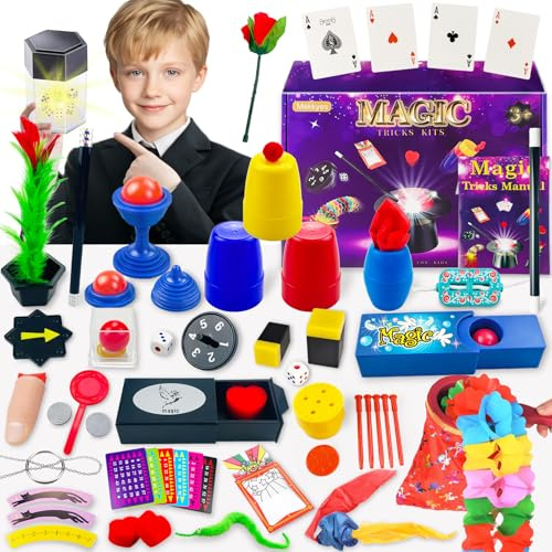 Mekkyes Zauberkasten - 80+ Zaubertricks Set für Kinder mit Zauberstab und Neuheit Magie Requisiten, Unglaubliche Lerne Einfach Zaubertricks und Illusionen, Geschenke für Kinder ab 3-12 Jahren