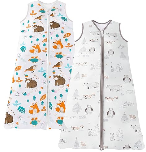 Chilsuessy Sommerschlafsack 2er Baby Schlafsack Kleine Kinder Schlafanzug ohne Ärmel für Sommer und Frühling 100% Baumwolle, Grau Wald+Dschungeltiere, 110/Baby Höhe 110-125cm