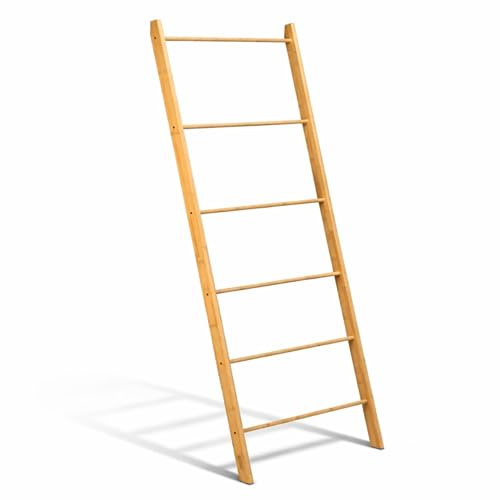 BUDDLEY Bambus Handtuchleiter, Freistehend, Extra Breit | 170 cm Höhe, 6 Sprossen, Abnehmbare Haken, Standmodell, Badezimmer, Schlafzimmer, Natürliche Oberfläche