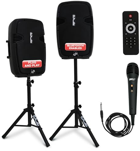 Pyle PA Anlage, 1800W- PA Anlage Komplettset, Lautsprecher mit Mikrofon, Partybox Bluetooth, DJ Lautsprecher- mit 2- Boxenständer, USB/SD/MP3/AUX, Fernbedienung, Aktive/Passive- Lautsprecher Paar