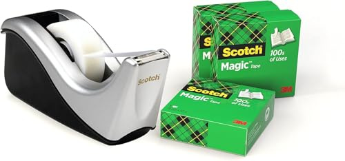 Scotch Klebebandabroller C60, Silber + Magic Tape, 4 Rollen, 19 mm x 33 m | Nachfüllbarer Abroller mit Mattem Universalklebeband; zum Reparieren, Beschriften und Verschließen