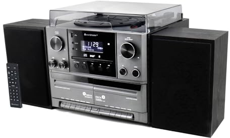 Soundmaster MCD5600 Stereoanlage mit Plattenspieler DAB+ Doppelkassette CD-Player USB MP3 Bluetooth Encoding Digitalisierung 75 Ohm Antennenanschluss, Farbe:schwarz