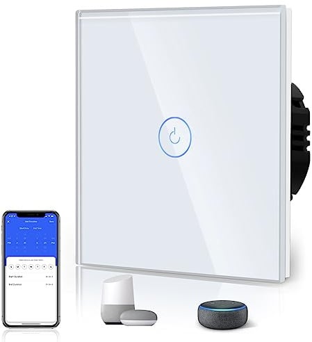 BSEED WLAN Smart Touch Lichtschalter (Neutralleiter Erforderlich), WIfI Schalter aus Glas, Alexa und Google Home Work mit Tuya, 1 Fach 1 Weg Weiß