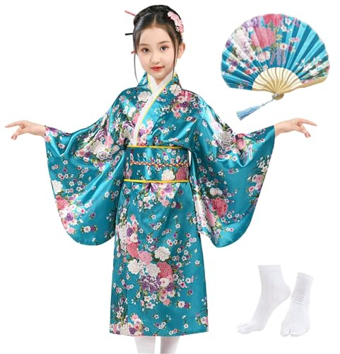 KRUIHAN Japanische Kimono Kinder,Satin Kimono Kleid,Kimono Morgenmantel Japanisch Kinder,Mädchen Faschingskostüme Party Kleid,Mit Falten Fan und Tabi Socken,Stil A-Türkis-150