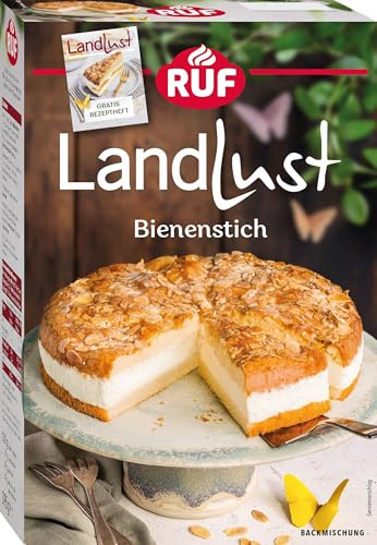 RUF Landlust Bienenstick Backmischung, Rührkuchen mit Bourbon-Vanillecreme & karamellisierter Mandeldecke, Florentiner Mix, schnelle & einfache Zubereitung, inkl. Rezeptheft