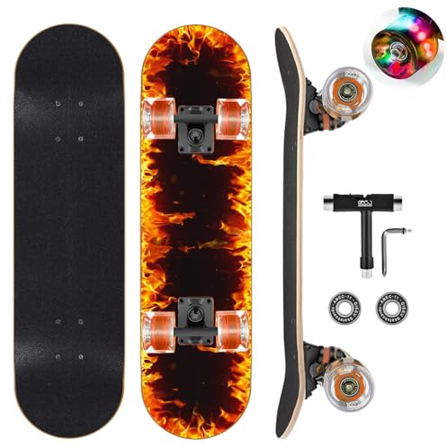 Feuer-Skateboards mit bunten blinkenden Rädern für Anfänger, Kinder, Jugendliche, Erwachsene, 80,9 x 20,3 cm, komplettes Standard-Skateboard, 9-lagiges kanadisches Ahorn-Deck, konkaves Skateboard…