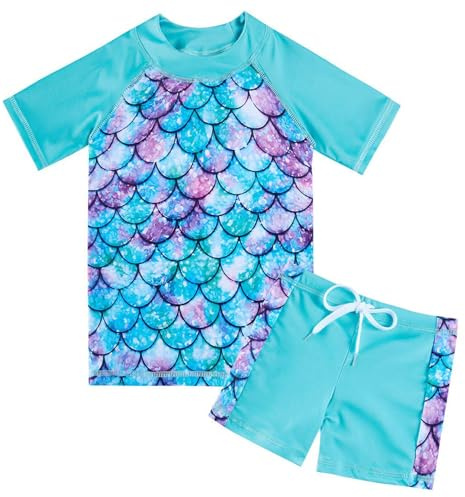 Fanient Badeanzug Mädchen Kurzarm und Shorts Zweiteiliger Badeanzug Blaue Swimsuit Bademode für Mädchen 4-5 Jahre