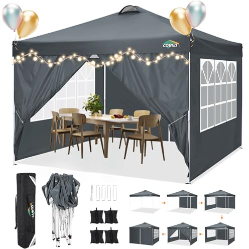 COBIZI Pavillon 3x3m Wasserdicht Stabil Winterfest Faltpavillon Partyzelt Gartenpavillon mit 4 Seitenteilen,4 Sandsäckes und Entlüftung,UV Schutz 50+,pop up faltbar für Outdoor Garten(Grau