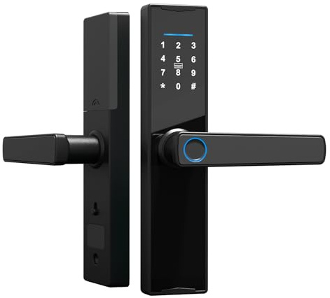 Splenssy Tuya Smart Türschloss, Tastaturschloss mit Griff, Fingerabdruck, elektronisches Riegelschloss, intelligentes Türschloss, Fingerabdruck/Karte/Schlüssel/Code-Entriegelung