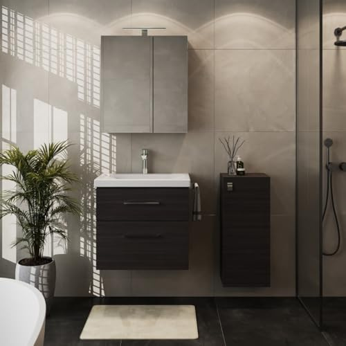 Planetmöbel Badmöbel Set Waschtisch mit Unterschrank | 63 x 60 x 36,5 cm, Spiegelschrank 60 cm mit LED-Leuchte (schwarz matt) & Steckdose, Midischrank, moderne Badezimmer Möbel