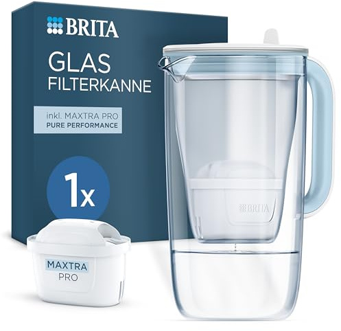 BRITA Wasserfilter Kanne Glas hellblau (2,5l) inkl. 1 MAXTRA PRO Pure Performance Kartusche – Premium Kanne aus Glas mit Smart Light LED & Klappdeckel – filtert Verunreinigungen, Kalk, Metalle etc.