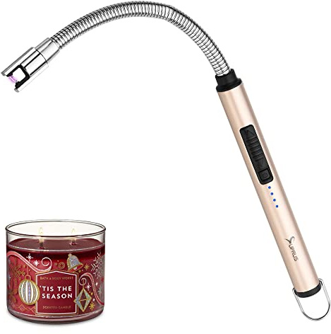 SUPRUS Kerzenanzünder, wiederaufladbar, elektrisches Lichtbogen-Feuerzeug, dreifaches Sicherheitsfeuerzeug, Edelstahlgehäuse & Aufhängehaken mit 360° flexiblem Hals (Gold)