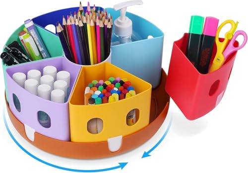 GAMENOTE Drehbarer Schreibtisch-Organizer, 7 Fächer, Groß, Mehrfarbig | Großer drehbarer Organizer mit 7 Fächern, 28 cm Durchmesser und 12,7 cm Höhe für Stifte, Bastel- und Schulbedarf