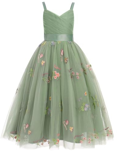 Odizli Kinder Mädchen Ärmellos Spaghettiträger V-Ausschnitt Prinzessin A-Linie Tüllkleid Festlich Hochzeit Blumenmädchenkleider