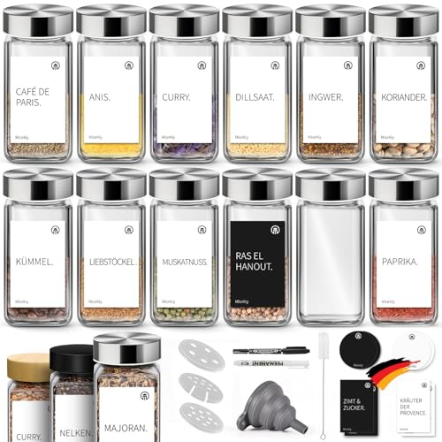 Miorkly Gewürzgläser Eckig Mit Streueinsatz - 12 Stück 120ml Gewürzdosen Mit Edelstahl Deckel, Streuer-Aufsätze, Trichter, Etiketten & Kreidestift