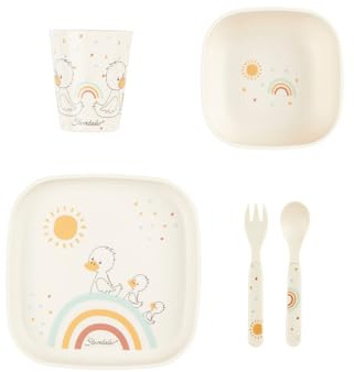 Sterntaler Geschirrset Ente Edda Lou ecru, 5er Set für Jungen und Mädchen bestehend aus Trinkbecher, eckigem Teller, eckiger Breischale und Löffel und Gabel