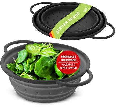Coolinato – Sieb aus Silikon faltbar 16 cm Grau – Nudelsieb für Pasta, Gemüse & Obst - Küchensieb spülmaschinenfest, BPA-frei, & hitzebeständig bis 230°C - Platzsparendes Abtropfsieb zusammenklappbar