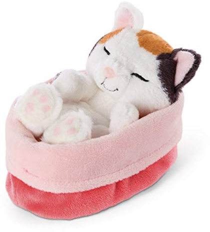 NICI Kuscheltier Sleeping Kitties Katze 12cm, Creme, im rot-rosanen Körbchen