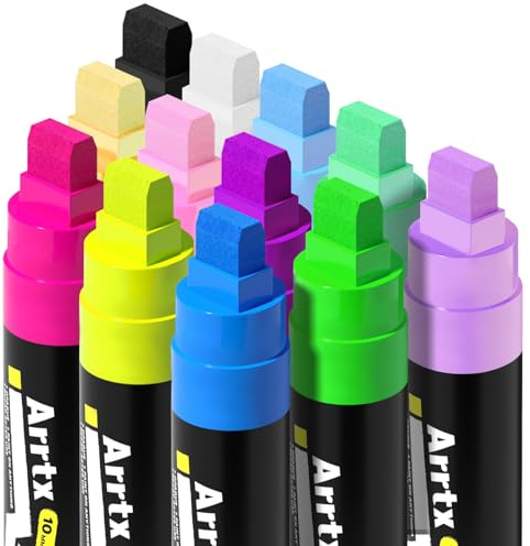 Arrtx Acrylstifte Marker 12 Stück Keil-Spitze 10mm für breite Markierungen - wasserfest, schnell-trocknend, wischfest für Karton, Kunststoff, Holz, Metall, Glas