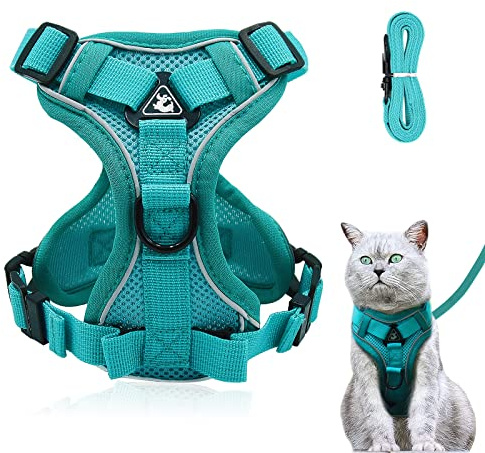 Verstellbares Katzengeschirr Ausbruchsicher, Katzengeschirr mit Leine Set, Softgeschirr für Katze Brustgeschirr für Katzen Kitten Hunde Welpen (Blauer See -M)