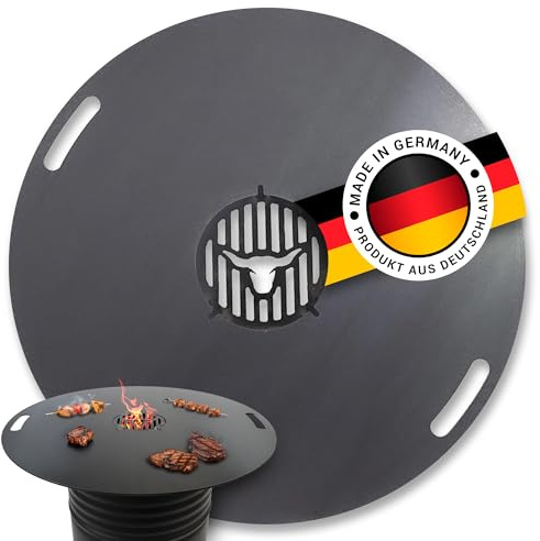 Feuerplatte für Feuertonne Kugelgrill Handgriffe 100 cm, 6 mm Stärke #04 – INKL. Grilleinsatz, Grillplatte für Feuertonne & Feuerschale, Massive Stahlplatte Plancha Grillring für BBQ & Teppanyaki