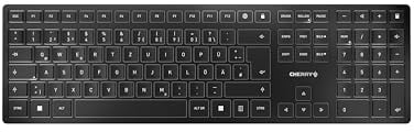 CHERRY KW 9100 Slim, kabellose Tastatur, Deutsches Layout, QWERTZ Tastatur, wahlweise Bluetooth- oder Funkverbindung, SX Scherenmechanik, wiederaufladbar über USB-Kabel, flach, Schwarz-Silber