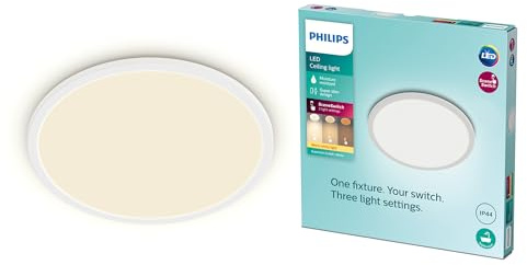 Philips Super Slim LED Bad-Deckenleuchte, Rund, 30 cm, Weiß | Warmweißes LED Licht 2700 K, Bad-Beleuchtung mit drei Helligkeitsstufen, Wasserfest IP44 Schutzklasse, 1500 lm, 18 W, Dimmbar