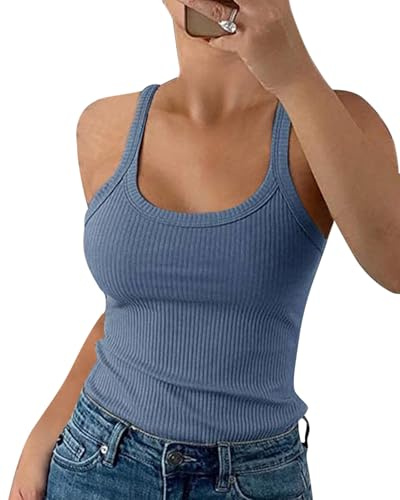 Wenrine Damen Spaghetti Tops Gerippt Camisole Slim Fit Tanktop | Sexy, U-Ausschnitt, Einfarbig, Basic Tank top, Ärmellos Sommer Oberteil, Elegant Träger-Tops
