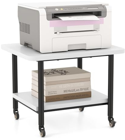 COSTWAY Druckertisch mit Rollen, Druckerständer mit feststellbaren Rädern, Druckerwagen mit 2 Ebenen, Druckerablage Druckerregal Druckerhalter für Büro, Fax, 49 x 40 x 38 cm (Weiß)